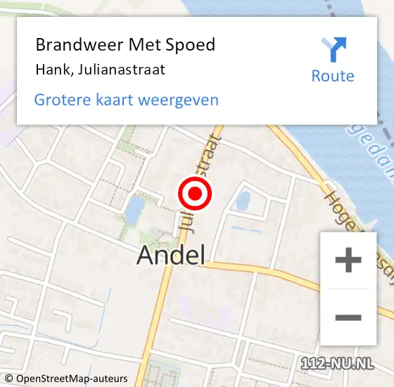 Locatie op kaart van de 112 melding: Brandweer Met Spoed Naar Hank, Julianastraat op 19 mei 2022 13:33