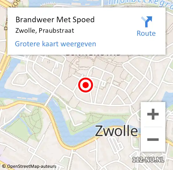 Locatie op kaart van de 112 melding: Brandweer Met Spoed Naar Zwolle, Praubstraat op 19 mei 2022 13:40