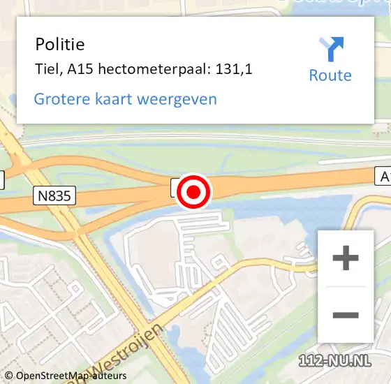 Locatie op kaart van de 112 melding: Politie Tiel, A15 hectometerpaal: 131,1 op 19 mei 2022 14:02