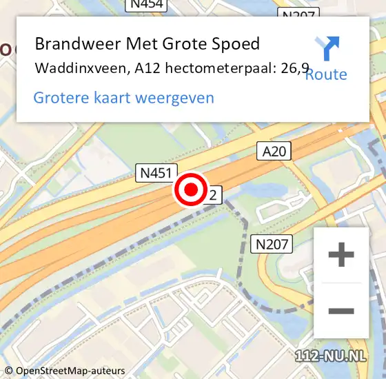 Locatie op kaart van de 112 melding: Brandweer Met Grote Spoed Naar Waddinxveen, A12 hectometerpaal: 26,9 op 19 mei 2022 14:54