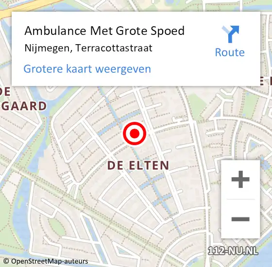 Locatie op kaart van de 112 melding: Ambulance Met Grote Spoed Naar Nijmegen, Terracottastraat op 19 mei 2022 15:27