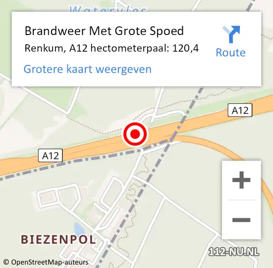 Locatie op kaart van de 112 melding: Brandweer Met Grote Spoed Naar Renkum, A12 hectometerpaal: 120,4 op 19 mei 2022 18:22