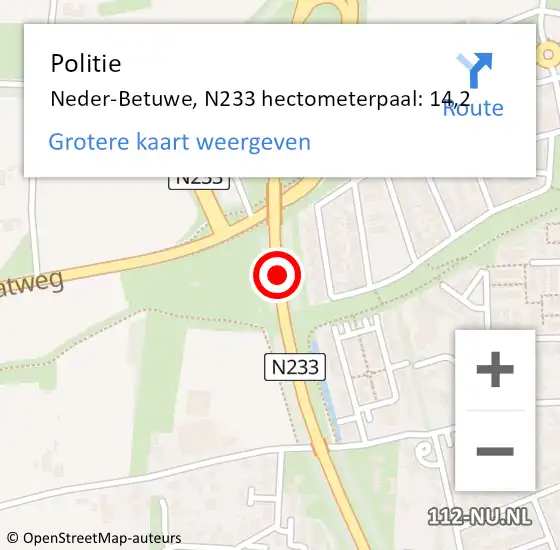 Locatie op kaart van de 112 melding: Politie Neder-Betuwe, N233 hectometerpaal: 14,2 op 19 mei 2022 18:44