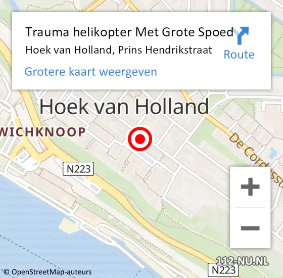 Locatie op kaart van de 112 melding: Trauma helikopter Met Grote Spoed Naar Hoek van Holland, Prins Hendrikstraat op 19 mei 2022 19:14