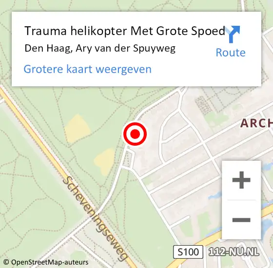 Locatie op kaart van de 112 melding: Trauma helikopter Met Grote Spoed Naar Den Haag, Ary van der Spuyweg op 19 mei 2022 20:35