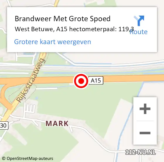 Locatie op kaart van de 112 melding: Brandweer Met Grote Spoed Naar West Betuwe, A15 hectometerpaal: 119,3 op 19 mei 2022 20:54