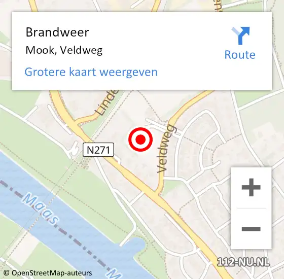 Locatie op kaart van de 112 melding: Brandweer Mook, Veldweg op 19 mei 2022 20:55