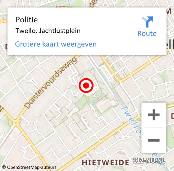 Locatie op kaart van de 112 melding: Politie Twello, Jachtlustplein op 19 mei 2022 22:48