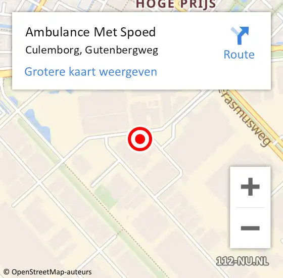 Locatie op kaart van de 112 melding: Ambulance Met Spoed Naar Culemborg, Gutenbergweg op 20 mei 2022 00:53