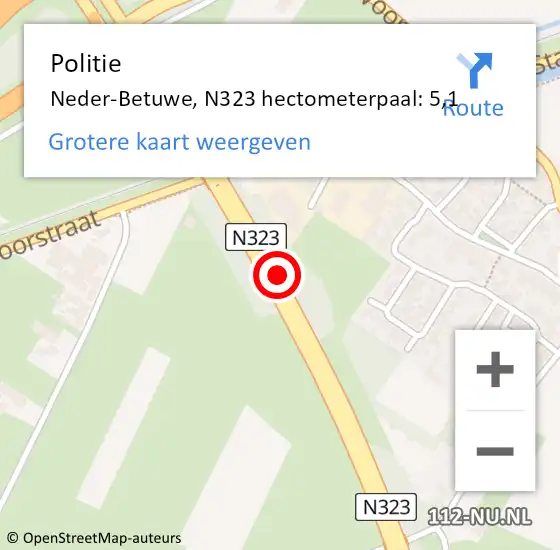 Locatie op kaart van de 112 melding: Politie Neder-Betuwe, N323 hectometerpaal: 5,1 op 20 mei 2022 10:19