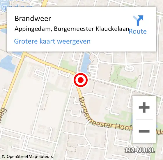 Locatie op kaart van de 112 melding: Brandweer Appingedam, Burgemeester Klauckelaan op 20 mei 2022 10:32