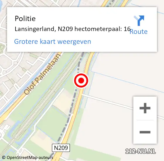 Locatie op kaart van de 112 melding: Politie Lansingerland, N209 hectometerpaal: 16 op 20 mei 2022 10:49
