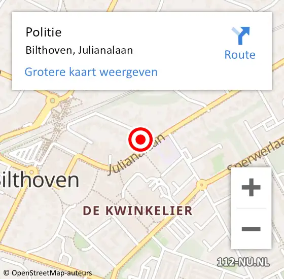 Locatie op kaart van de 112 melding: Politie Bilthoven, Julianalaan op 20 mei 2022 10:52