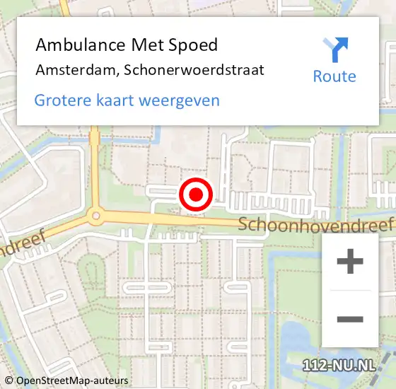 Locatie op kaart van de 112 melding: Ambulance Met Spoed Naar Amsterdam-Zuidoost, Schonerwoerdstraat op 20 mei 2022 11:09