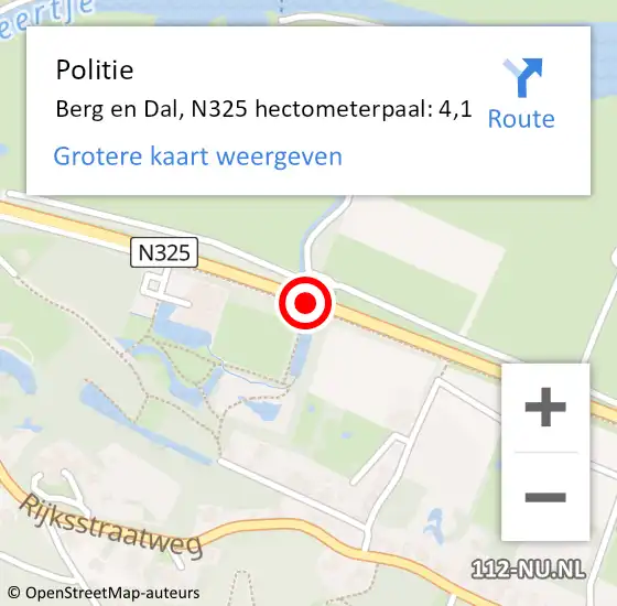 Locatie op kaart van de 112 melding: Politie Berg en Dal, N325 hectometerpaal: 4,1 op 20 mei 2022 14:14