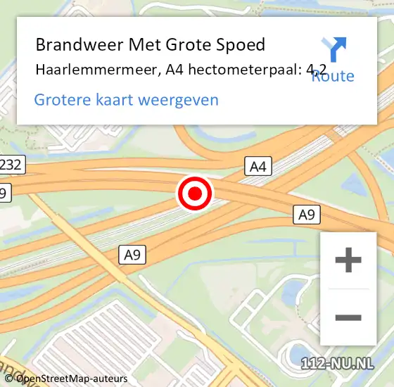 Locatie op kaart van de 112 melding: Brandweer Met Grote Spoed Naar Haarlemmermeer, A4 hectometerpaal: 4,2 op 20 mei 2022 14:59