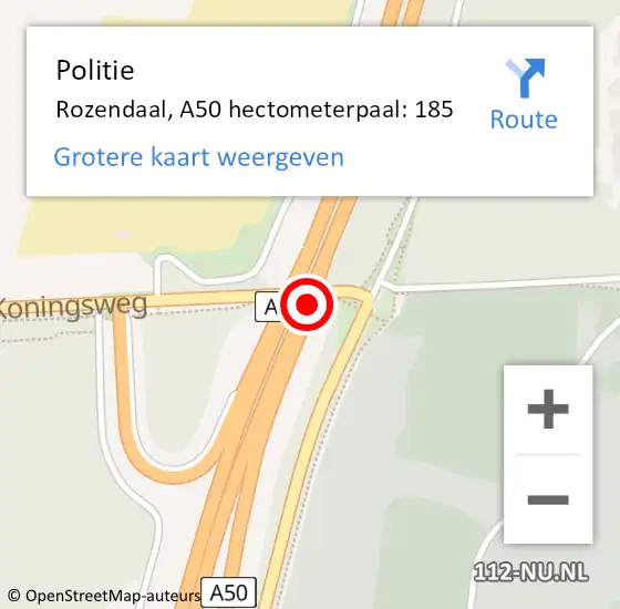 Locatie op kaart van de 112 melding: Politie Rozendaal, A50 hectometerpaal: 185 op 20 mei 2022 15:18