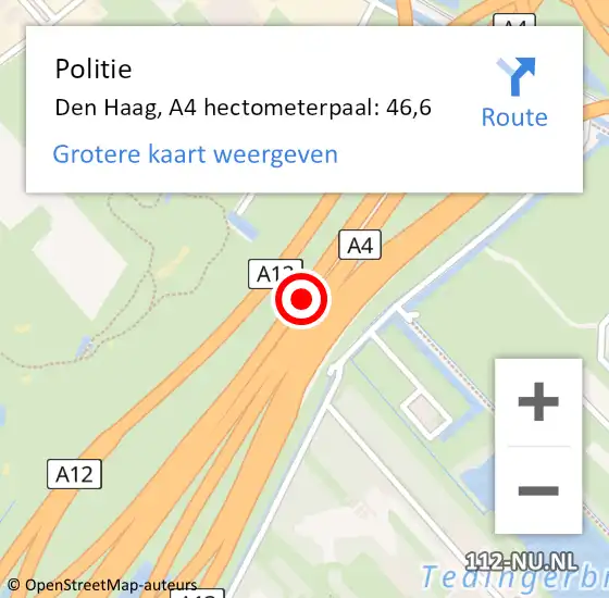 Locatie op kaart van de 112 melding: Politie Den Haag, A4 hectometerpaal: 46,6 op 20 mei 2022 15:43