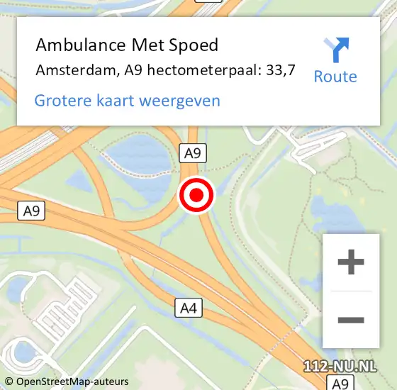 Locatie op kaart van de 112 melding: Ambulance Met Spoed Naar Amsterdam, A9 hectometerpaal: 33,7 op 20 mei 2022 16:14