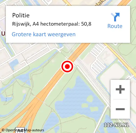Locatie op kaart van de 112 melding: Politie Rijswijk, A4 hectometerpaal: 50,8 op 20 mei 2022 16:37