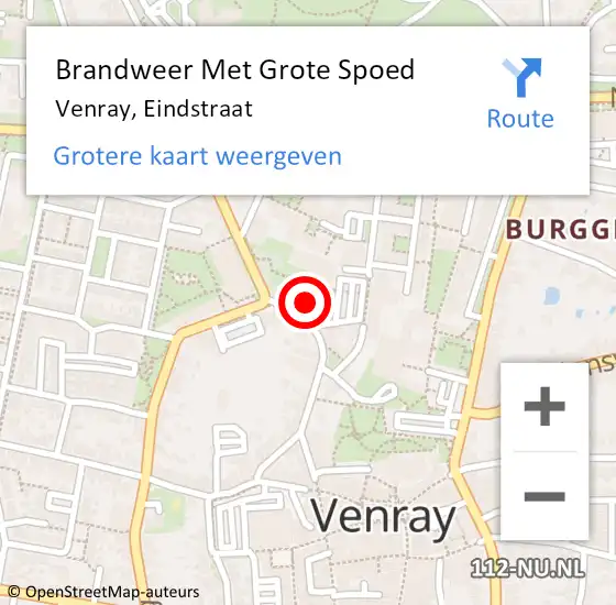 Locatie op kaart van de 112 melding: Brandweer Met Grote Spoed Naar Venray, Eindstraat op 20 mei 2022 16:44