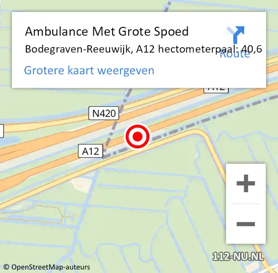 Locatie op kaart van de 112 melding: Ambulance Met Grote Spoed Naar Bodegraven-Reeuwijk, A12 hectometerpaal: 40,6 op 20 mei 2022 16:50