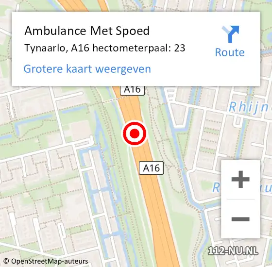Locatie op kaart van de 112 melding: Ambulance Met Spoed Naar Tynaarlo, A16 hectometerpaal: 23 op 20 mei 2022 17:25