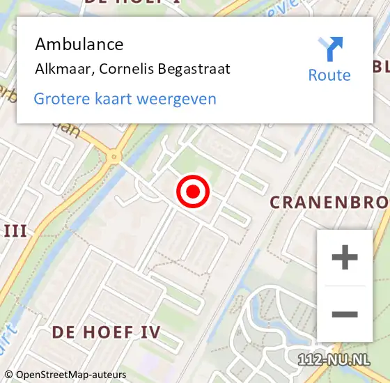 Locatie op kaart van de 112 melding: Ambulance Alkmaar, Cornelis Begastraat op 20 mei 2022 18:10