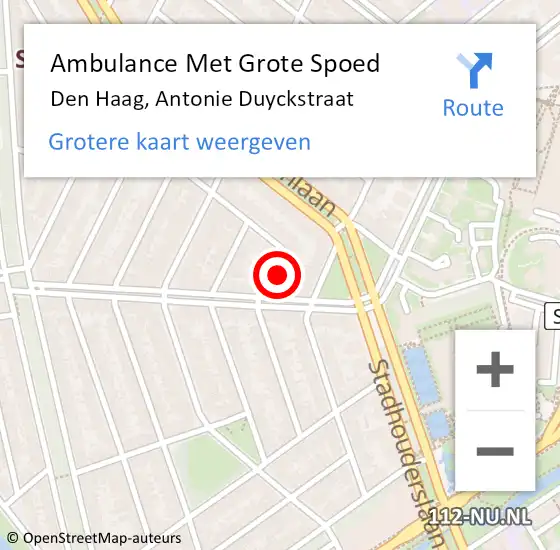 Locatie op kaart van de 112 melding: Ambulance Met Grote Spoed Naar Den Haag, Antonie Duyckstraat op 20 mei 2022 18:29