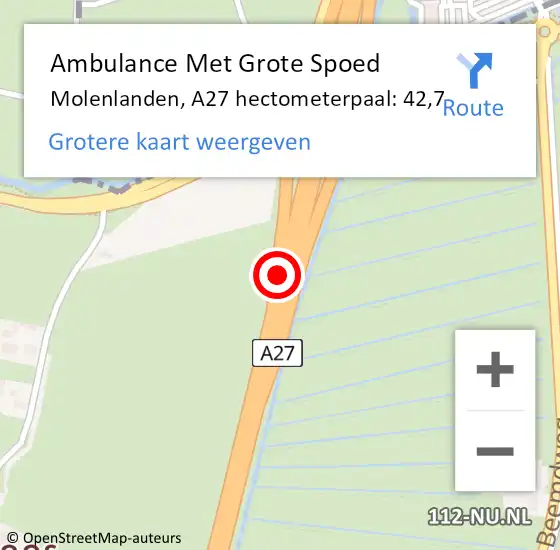 Locatie op kaart van de 112 melding: Ambulance Met Grote Spoed Naar Molenlanden, A27 hectometerpaal: 42,7 op 20 mei 2022 18:45