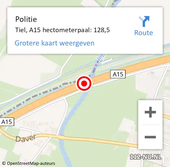 Locatie op kaart van de 112 melding: Politie Tiel, A15 hectometerpaal: 128,5 op 20 mei 2022 19:03