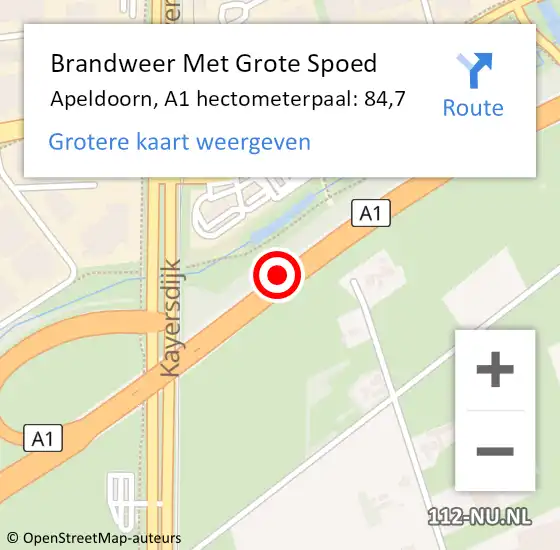 Locatie op kaart van de 112 melding: Brandweer Met Grote Spoed Naar Apeldoorn, A1 hectometerpaal: 84,7 op 20 mei 2022 19:10