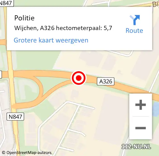 Locatie op kaart van de 112 melding: Politie Wijchen, A326 hectometerpaal: 5,7 op 20 mei 2022 19:44