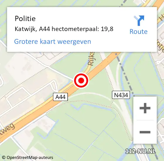 Locatie op kaart van de 112 melding: Politie Katwijk, A44 hectometerpaal: 19,8 op 20 mei 2022 19:50