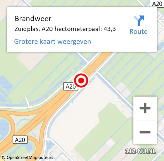 Locatie op kaart van de 112 melding: Brandweer Zuidplas, A20 hectometerpaal: 43,3 op 20 mei 2022 21:19