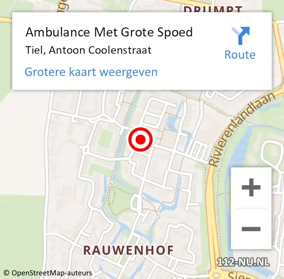 Locatie op kaart van de 112 melding: Ambulance Met Grote Spoed Naar Tiel, Antoon Coolenstraat op 20 mei 2022 21:32