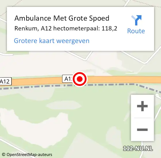 Locatie op kaart van de 112 melding: Ambulance Met Grote Spoed Naar Renkum, A12 hectometerpaal: 118,2 op 20 mei 2022 21:53