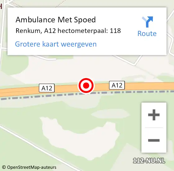 Locatie op kaart van de 112 melding: Ambulance Met Spoed Naar Renkum, A12 hectometerpaal: 118 op 20 mei 2022 21:54