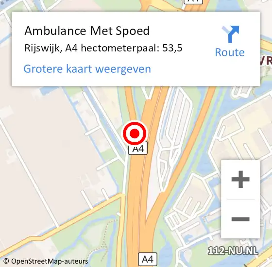 Locatie op kaart van de 112 melding: Ambulance Met Spoed Naar Rijswijk, A4 hectometerpaal: 53,5 op 20 mei 2022 22:43