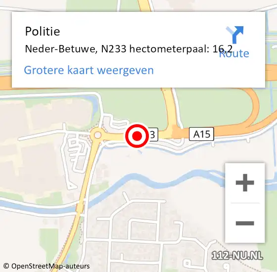 Locatie op kaart van de 112 melding: Politie Neder-Betuwe, N233 hectometerpaal: 16,2 op 20 mei 2022 23:05