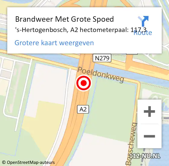 Locatie op kaart van de 112 melding: Brandweer Met Grote Spoed Naar 's-Hertogenbosch, A2 hectometerpaal: 117,3 op 21 mei 2022 00:58