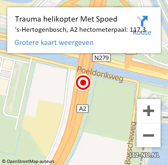 Locatie op kaart van de 112 melding: Trauma helikopter Met Spoed Naar 's-Hertogenbosch, A2 hectometerpaal: 117,3 op 21 mei 2022 00:58