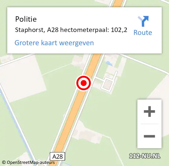 Locatie op kaart van de 112 melding: Politie Staphorst, A28 hectometerpaal: 102,2 op 21 mei 2022 01:52
