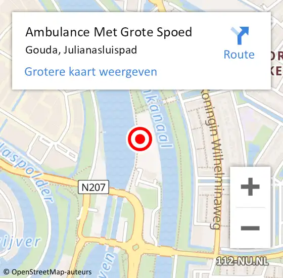 Locatie op kaart van de 112 melding: Ambulance Met Grote Spoed Naar Gouda, Julianasluispad op 21 mei 2022 03:04