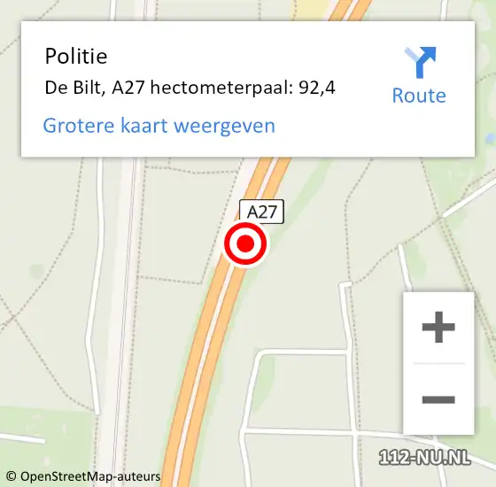 Locatie op kaart van de 112 melding: Politie De Bilt, A27 hectometerpaal: 92,4 op 21 mei 2022 03:20