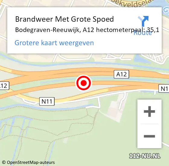 Locatie op kaart van de 112 melding: Brandweer Met Grote Spoed Naar Bodegraven-Reeuwijk, A12 hectometerpaal: 35,1 op 21 mei 2022 03:30