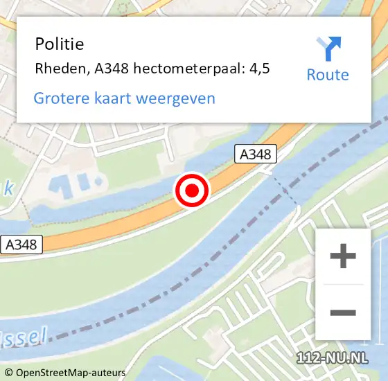 Locatie op kaart van de 112 melding: Politie Rheden, A348 hectometerpaal: 4,5 op 21 mei 2022 05:46