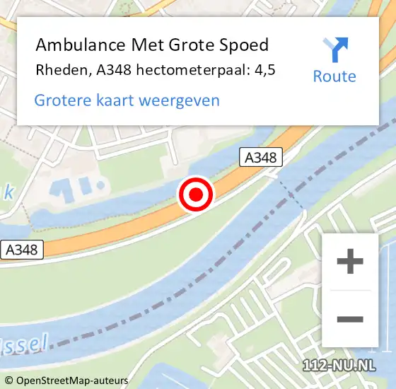 Locatie op kaart van de 112 melding: Ambulance Met Grote Spoed Naar Rheden, A348 hectometerpaal: 4,5 op 21 mei 2022 05:47