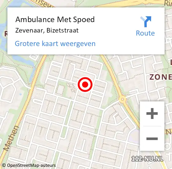 Locatie op kaart van de 112 melding: Ambulance Met Spoed Naar Zevenaar, Bizetstraat op 21 mei 2022 09:33