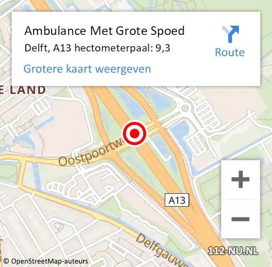 Locatie op kaart van de 112 melding: Ambulance Met Grote Spoed Naar Delft, A13 hectometerpaal: 9,3 op 21 mei 2022 12:07